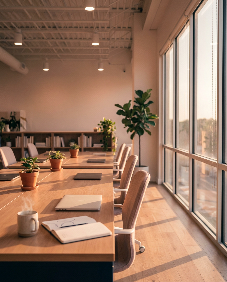 A quiet Jacksonville office at golden hour, between shifts