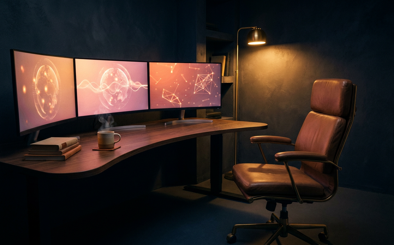 A dimly lit SOC workstation with abstract security visualizations on screen
