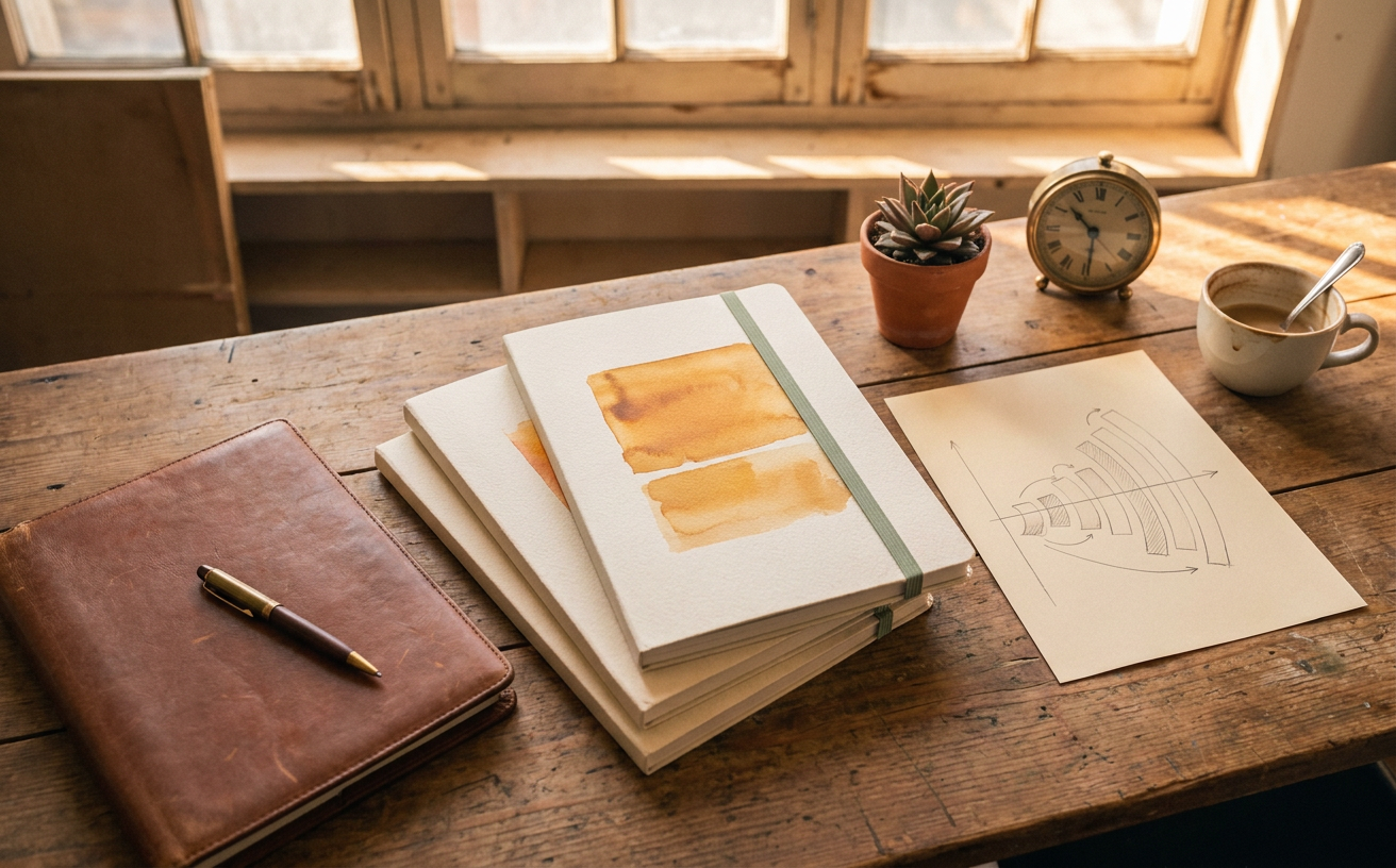 Bound documents and a leather folio on a desk in warm morning light