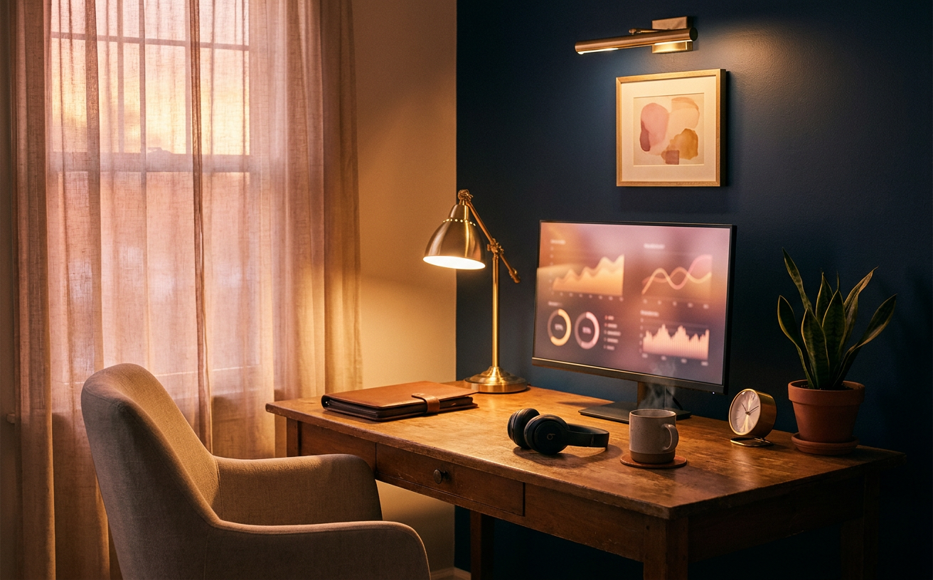 A help-desk workspace at dusk with a wireless headset on a wooden desk
