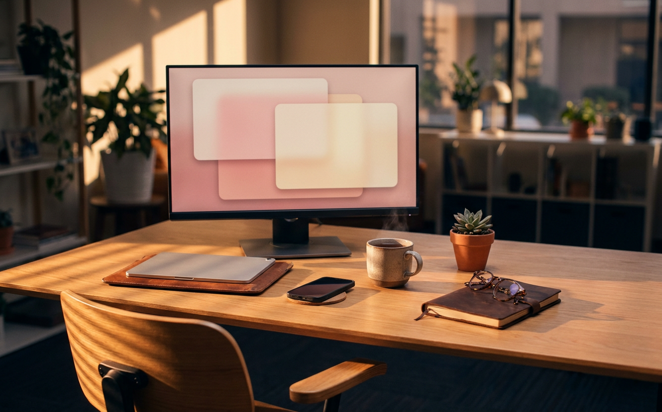 A laptop on a warm wooden desk, signed in from anywhere