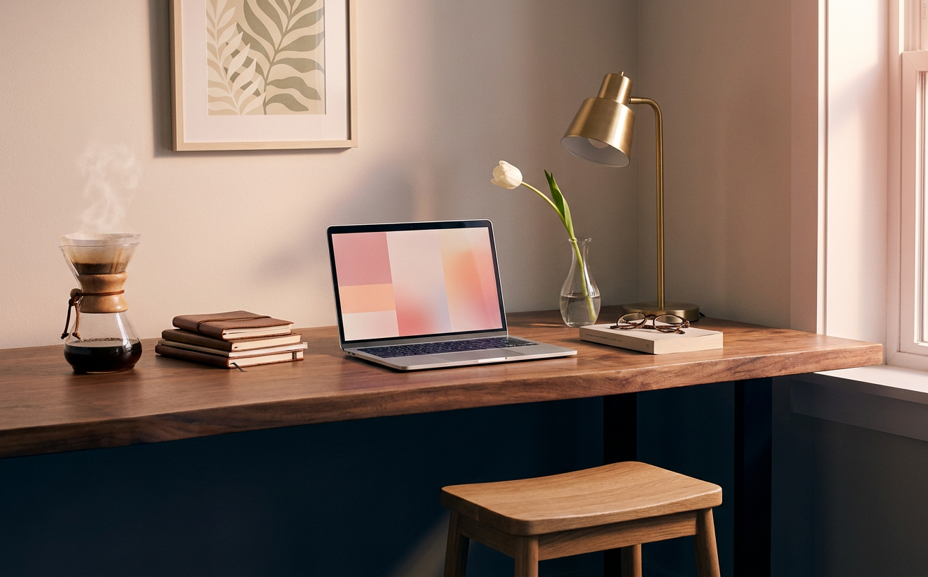 A calm walnut desk with an open laptop in warm rose window light