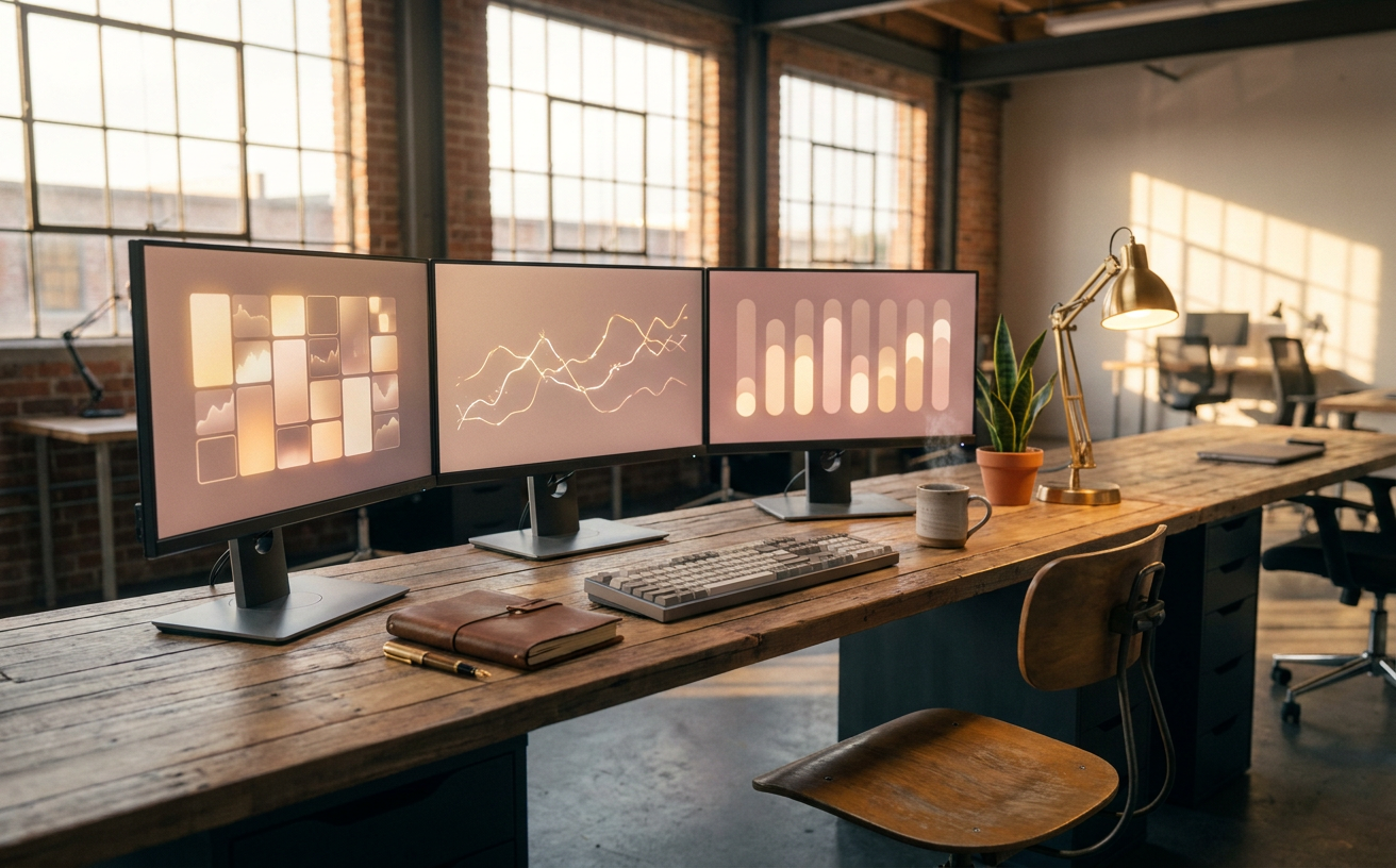 A workstation with monitors showing soft abstract dashboards, between shifts
