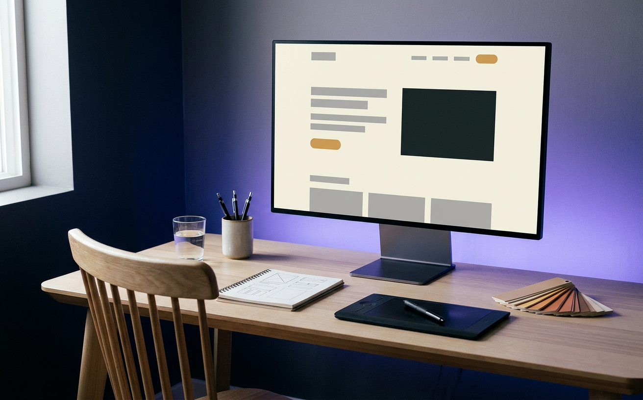 A designer's workspace with a website mockup on screen in cool violet light